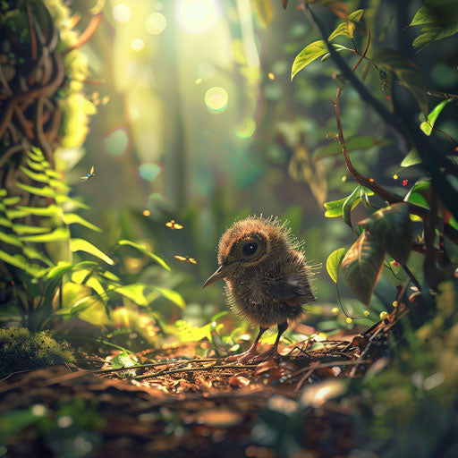 A kiwi bird chick exploring the forest floor