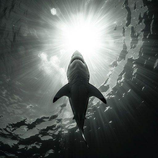 Great white shark underwater against bright sun