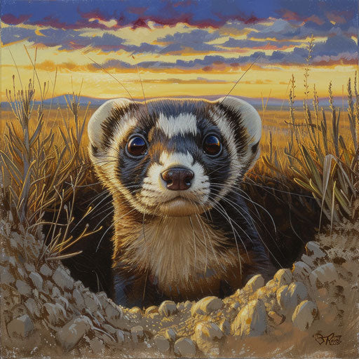 A black-footed ferret emerging from its burrow at sunrise on the prairie