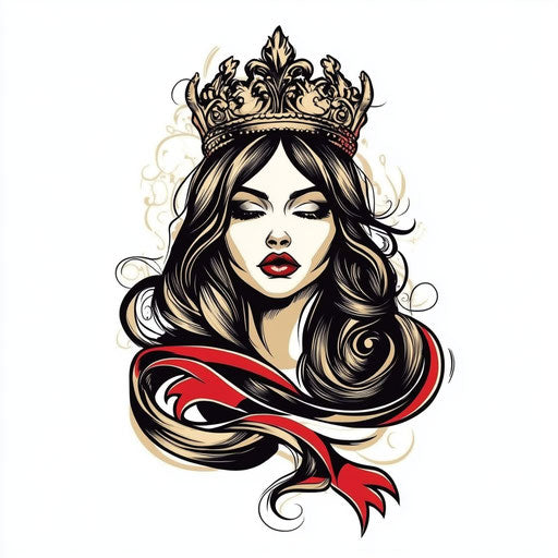 Tattooed queen with regal crown in red and gold