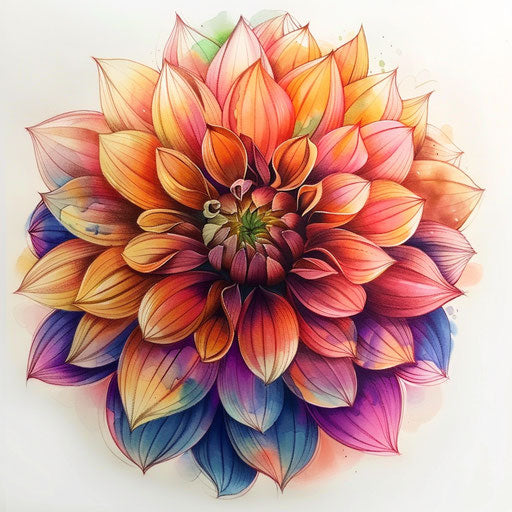Vibrant colored dahlia tattoo sketch in watercolor style