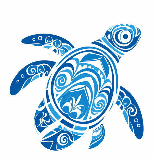 Blue tribal turtle with graphic symbols