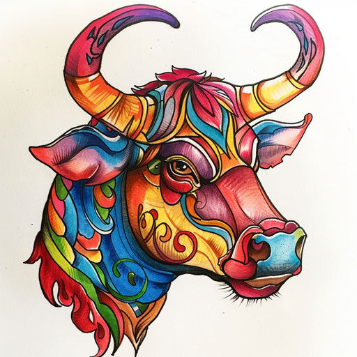 Cartoon bull tattoo drawing, lively and colorful