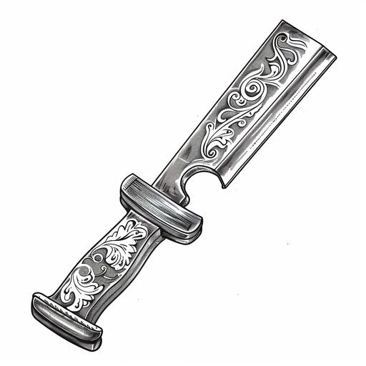 Stylized flat tattoo sketch of a razor blade with detailed etching