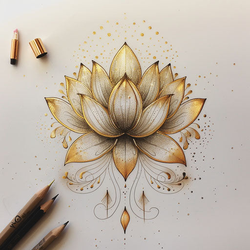 Elegant sparkle tattoo sketch of a lotus flower with petals dusted in gold glitter