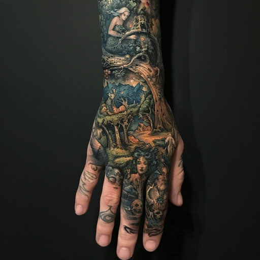 Epic narrative hand tattoo of celestial beings for women
