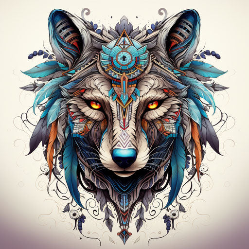 Wolf head with feathers and antlers on intricate background
