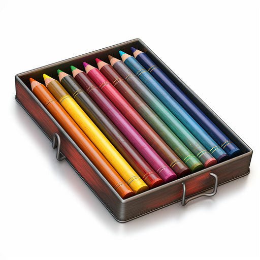 Crayon box in Chiaroscuro Art style, on white background