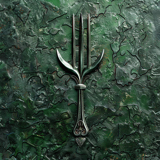 Restaurant logo in green and silver with textured background