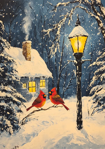 Two red and yellow cardinals in the snow, a house with a large, lighted lamp post, pine trees, and a snowy winter scene in a detailed, realistic painting style.