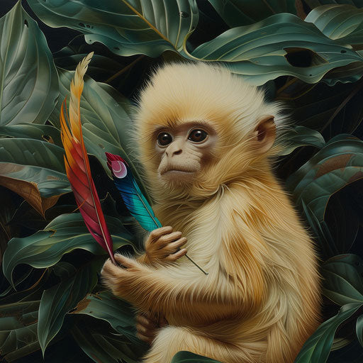 Yunnan snub-nosed monkey holding colorful bird feather