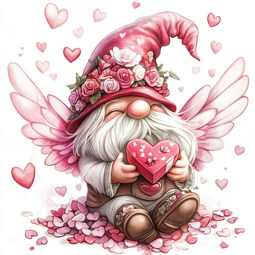 Valentine's Day gnome with wings holding a heart-shaped box of candy, surrounded by pink and white hearts, in the style of Artgerm