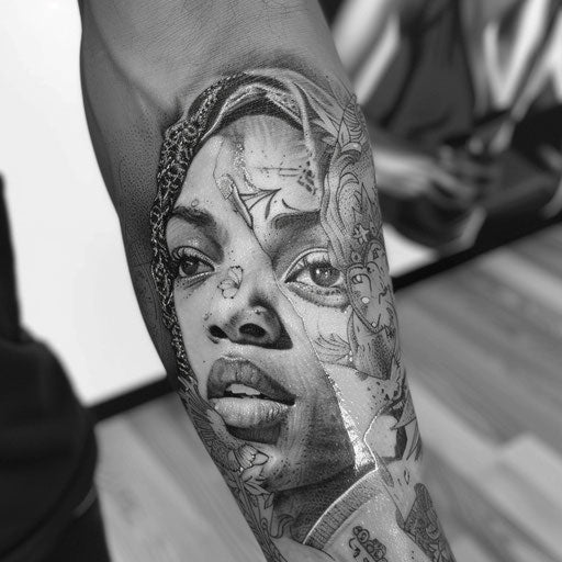 Realistic small black and gray tattoos of loved ones' portraits