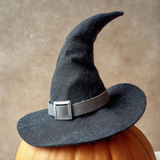 A classic witch's hat atop a pumpkin