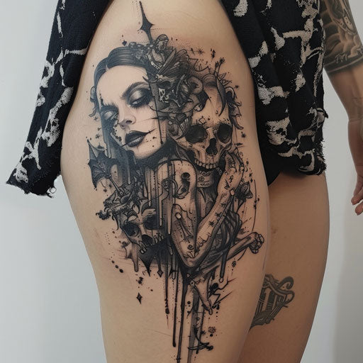 Thigh tattoo with dark and gothic elements
