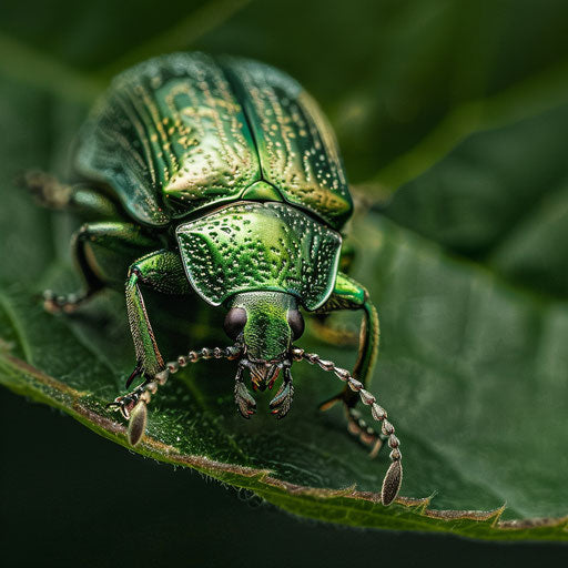 Beetle crawling on a leaf, in the style of Will Burrard-Lucas