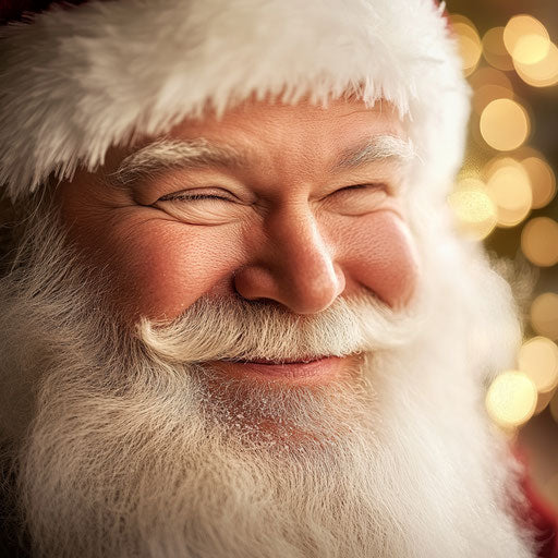 Santa Claus winking, white beard framing his face, twinkling lights