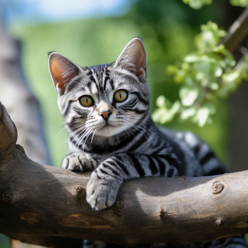 American short-haired cat lying on a tree branch