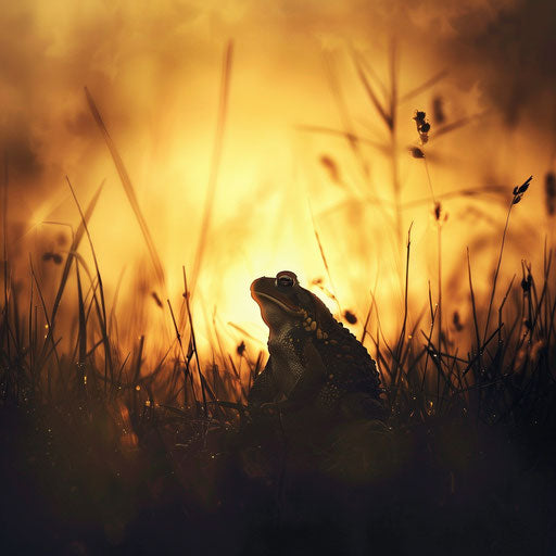 Golden twilight in the meadow with toad silhouette
