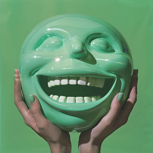 Green emoticort holding a hand to show teeth