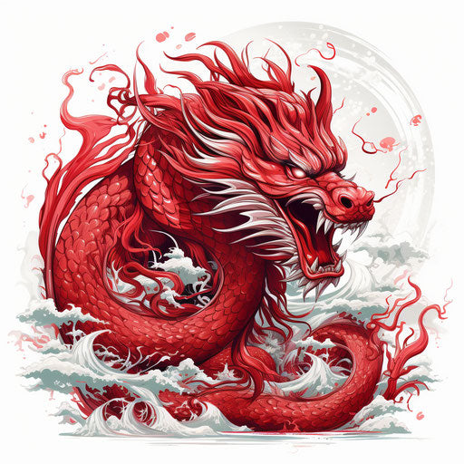 A red dragon on white background, intricate weaving style, stencil art, strong lines, exotic realism, iconic, tattoo, twisted branches