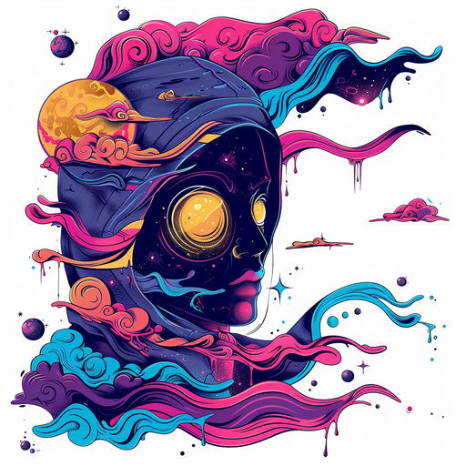 Surreal flat tattoo sketch of a hood with dreamy elements