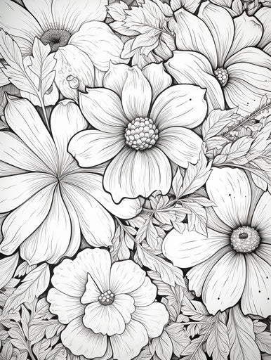 Hand drawn flowers with flower petals coloring page