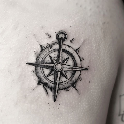Sailor's compass rose tattoo, fine lines dotwork technique