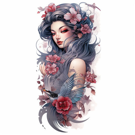 Sleeve tattoo with rooster and flowers, geisha style