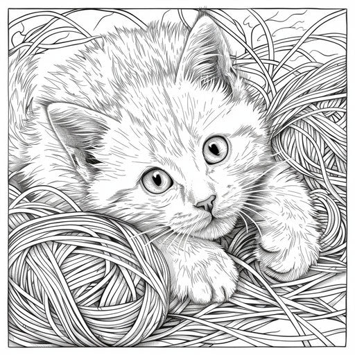 Playful kitten tangled in yarn with wool balls around