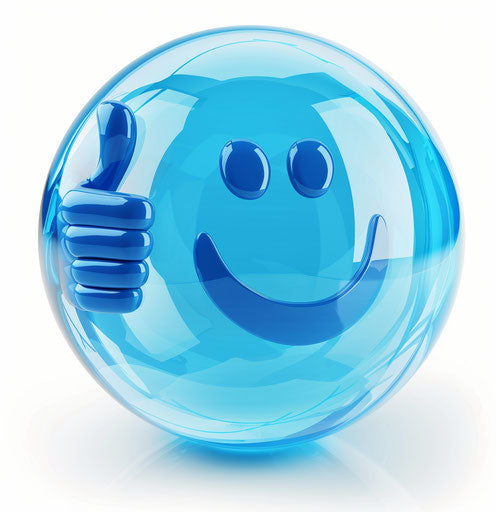 Smiling blue bubble with thumbs up in the style of clip art