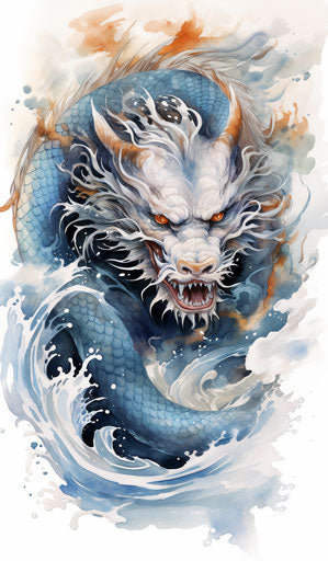 The Chinese dragon with blue colors, infused symbolism style, water and land fusion 7:12
