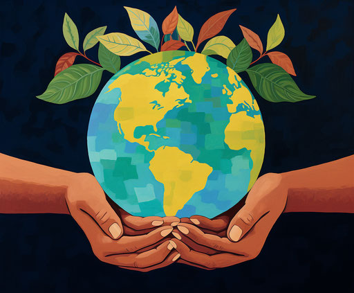 Earth in hands, colorful leaves, delicate style