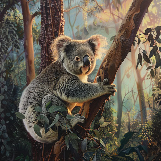 Koala in a lush eucalyptus grove at dawn