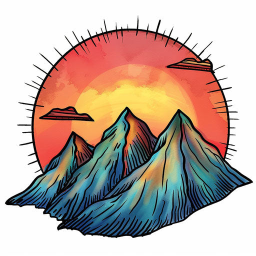 Flat tattoo sketch of a mountain range with a pride-colored sunrise
