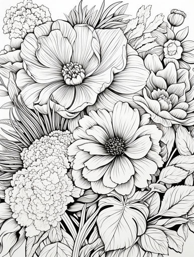 Artistic black and white flowers coloring page