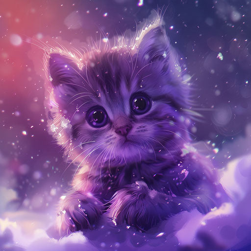 Cute baby and kitten in light violet and dark magenta style