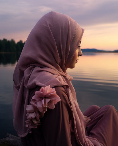 Girl with purple hijab looking at the lake, y2k and drugcore aesthetic