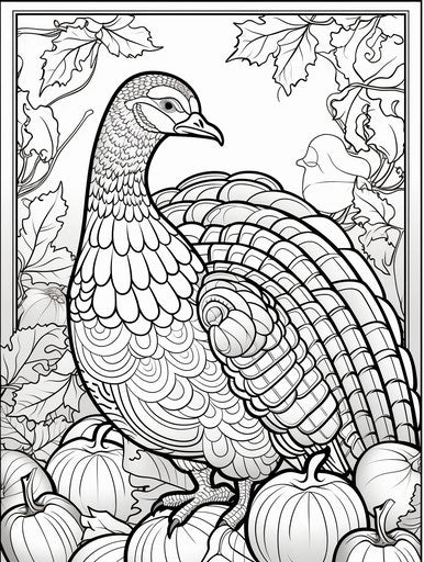 Thanksgiving turkey coloring page, in meticulous mosaics style