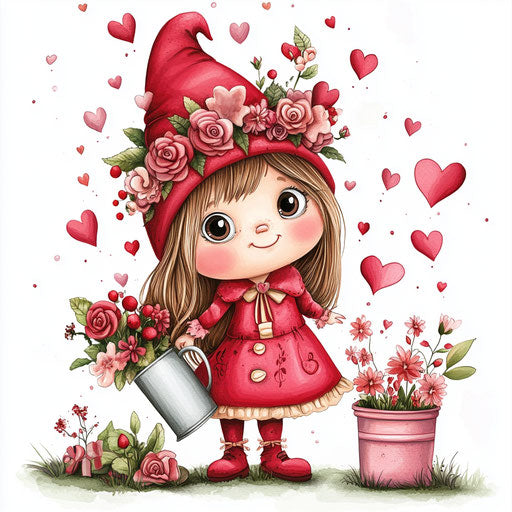 Cute pink gnome girl with watering can full of flowers
