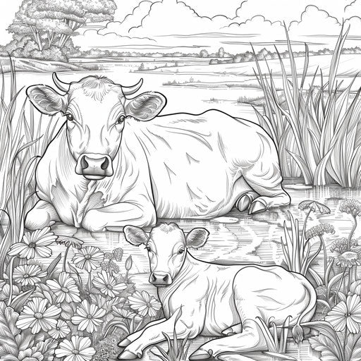 Cow and calf resting by a pond.