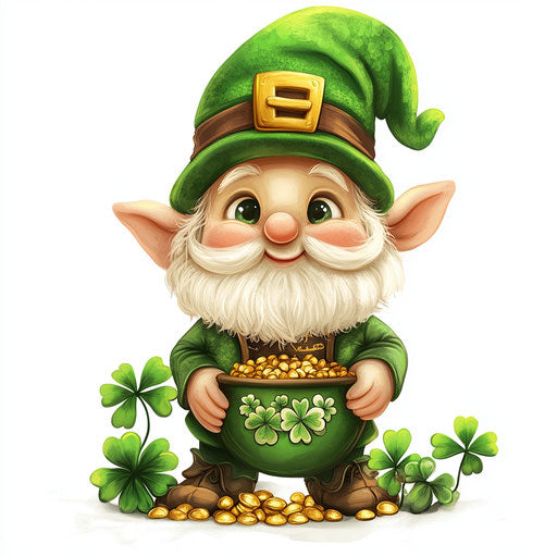 St. Patrick's Day, Cute gnome with pot of gold and shamrocks