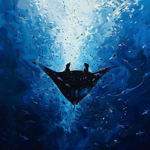 Manta ray in the deep blue sea surrounded by schools of fish, Vincent Munier style