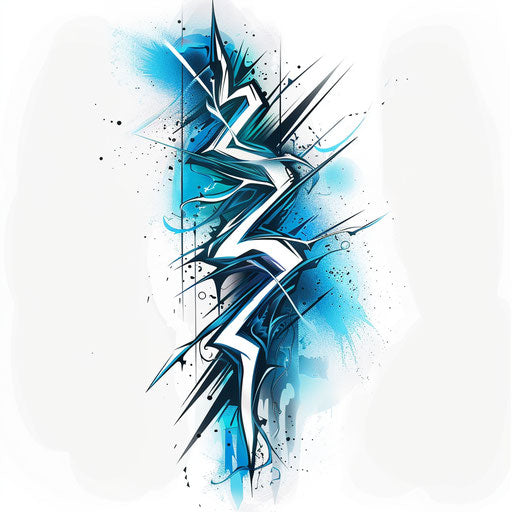 Dynamic tattoo sketch of zigzagging thunderbolt with blue-white gradient