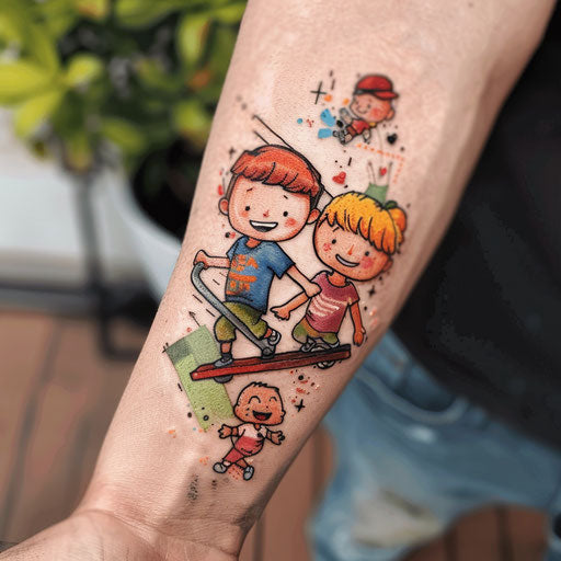 Playful flat tattoo sketch of children on a seesaw