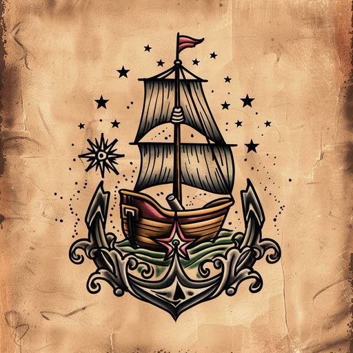Old school flat tattoo of a boat with nautical star and anchor
