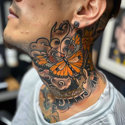 Butterfly neck tattoo with heroic elements