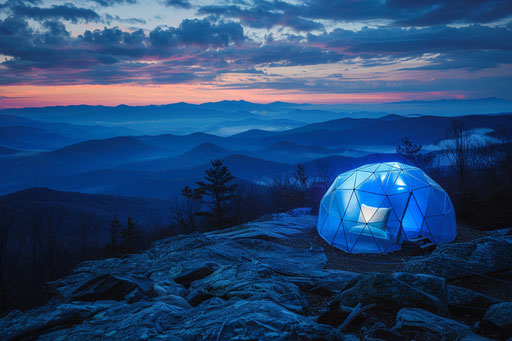 Bright, glowing blue geodesic camp dome atop Blue Ridge Mountains, lights inside
