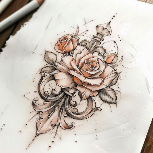 Romantic tattoo sketch of a fleur de lis with soft roses and gentle blush pink shades