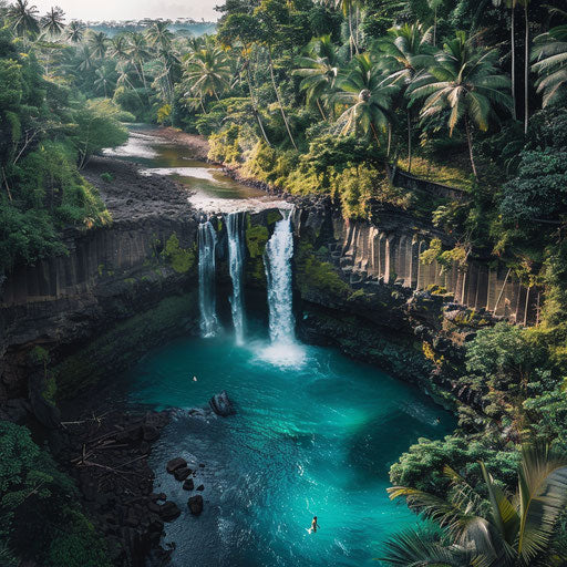 Tegenungan Waterfall with turquoise pools and rugged landscape